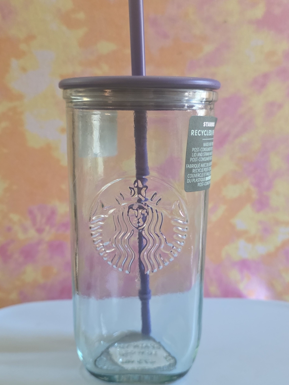 Starbucks Glass Tumbler with Lavender Lid and Straw